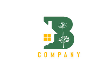 the initial B logo is combined with houses and plants in a cool green color
