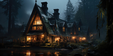 steampunk style cabin in forest, lit inside, foggy forest, background wallpaper image