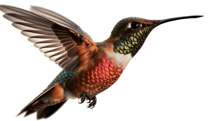Obraz premium Hovering rufous hummingbird flapping wings in mid air, iridescent feathered beauty generated by AI