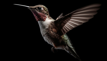 Fototapeta na wymiar Hovering hummingbird spreads iridescent wings in mid air motion generated by AI