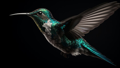 Fototapeta premium Hovering hummingbird spreads iridescent wings in mid air motion generated by AI