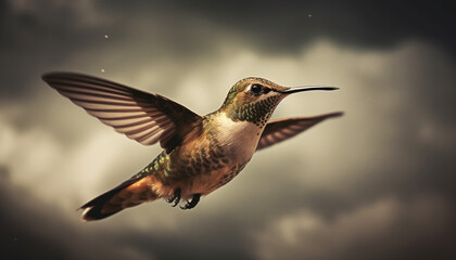 Fototapeta premium Rufous hummingbird hovering mid air, flapping iridescent wings in nature generated by AI