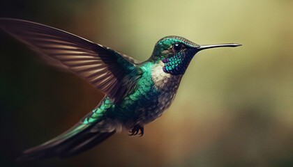 Fototapeta premium Hovering hummingbird flapping iridescent wings, pollinating vibrant flowers in nature generated by AI