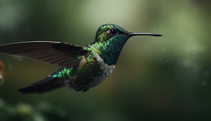 Fototapeta premium Hovering hummingbird flapping iridescent wings, pollinating vibrant flowers in nature generated by AI