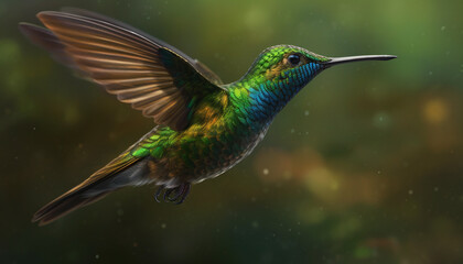 Fototapeta premium Hovering hummingbird spreads iridescent wings in vibrant natural beauty generated by AI
