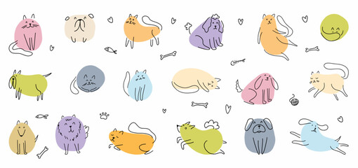 Vector set of funny cats and dogs in different poses and different breeds, hand-drawn in the style of doodles.