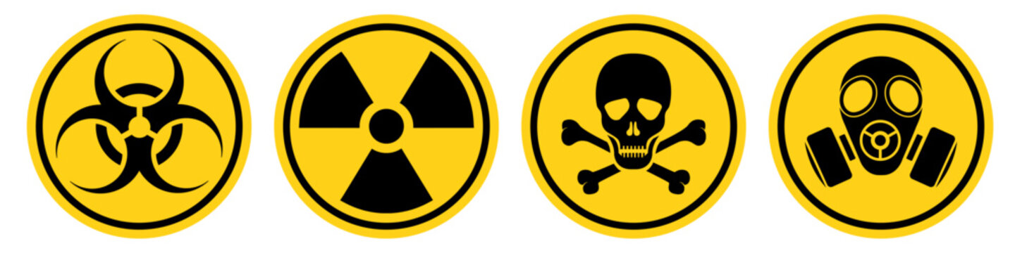 Set hazard danger yellow vector signs. Radiation sign, Biohazard sign, Toxic sign, Gas mask.