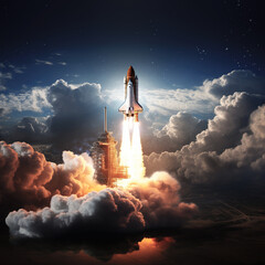 Space shuttle rocket launches in the sky and clouds fly into space. Sky and clouds, spaceship flying