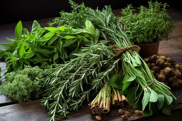 Natural culinary herb collection. Collection of culinary herbs, commonly used in cooking. Generative AI technology.