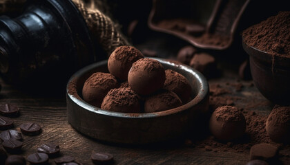 Indulgent gourmet chocolate truffle bowl, a sweet addiction temptation generated by AI