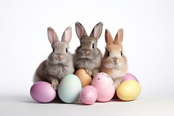 Fototapeta na wymiar white rabbits family and colorfull easter eggs on isolate white background Generative ai