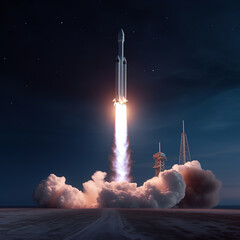 Space shuttle rocket launches in the sky and clouds fly into space. Sky and clouds, spaceship flying