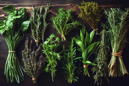 Natural culinary herb collection. Collection of culinary herbs, commonly used in cooking. Generative AI technology.
