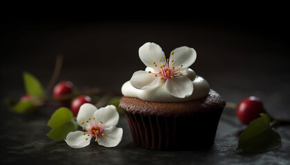 Fototapeta na wymiar Sweet indulgence homemade gourmet cupcakes with fresh berry decoration generated by AI
