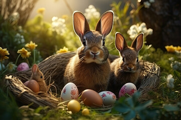 Fototapeta na wymiar cute white rabbits family and colorfull easter eggs on green grass Generative ai