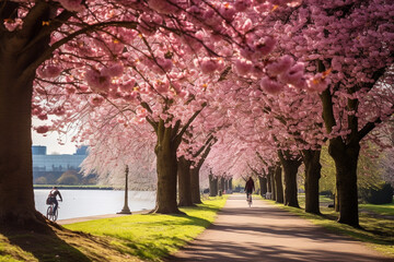 Expansive springtime park scene filled with blooming cherry blossoms and health-conscious individuals