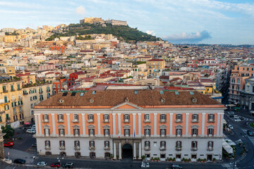 Fototapeta na wymiar Aerial View of the Prefettura di Napoli Building with the Skyline of Naples Italy in the Background