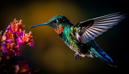 Fototapeta na wymiar Vibrant hummingbird hovers mid air, spreading iridescent wings for pollination generated by AI