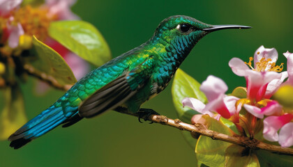 Fototapeta premium Hummingbird perching on branch, iridescent feathers, multi colored, close up generated by AI