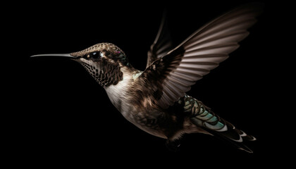 Fototapeta premium Hummingbird hovering mid air, spreading iridescent wings in full length generated by AI