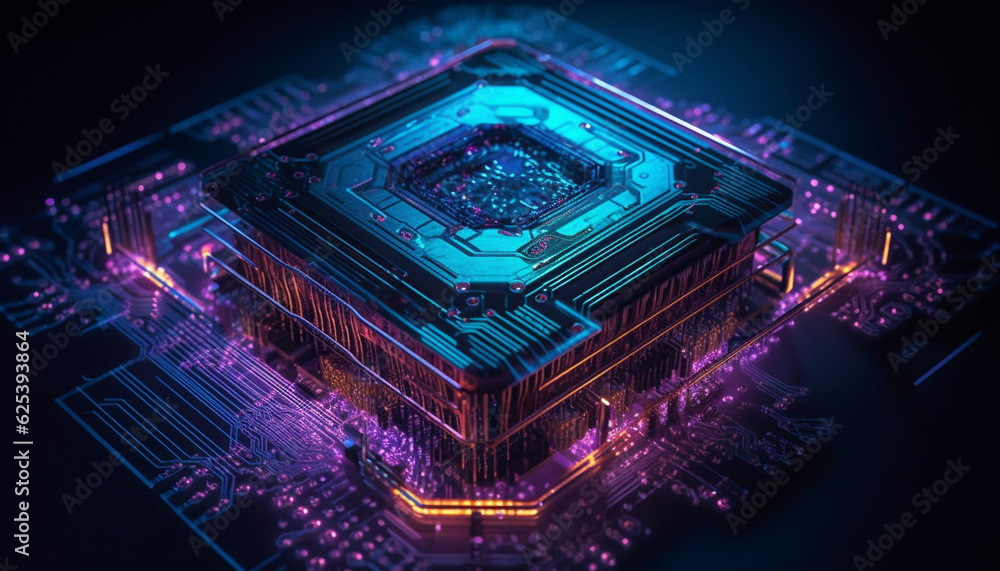 Aufkleber futuristic computer chip glows blue on circuit board, digitally generated image generated by ai