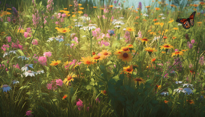 Fototapeta na wymiar Vibrant wildflower meadow showcases beauty in nature multi colored growth generated by AI