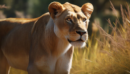 Obraz premium Lioness walking in the savannah, resting in the wilderness area generated by AI