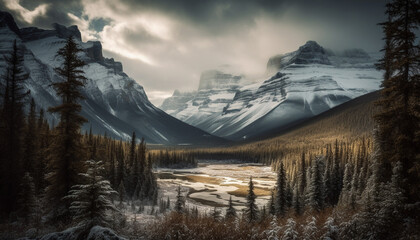 Tranquil scene of majestic mountain range in Alberta wilderness area generated by AI