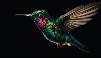 Fototapeta premium Hummingbird hovering mid air, iridescent feathers spread, multi colored beauty generated by AI