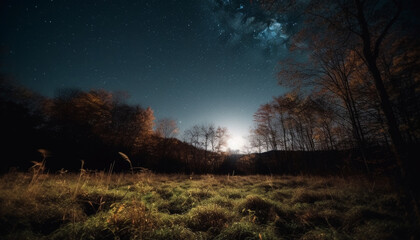 Tranquil forest meadow illuminated by star trail in milky way generated by AI