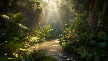 Tranquil scene of a tropical rainforest with lush green foliage generated by AI - obrazy, fototapety, plakaty
