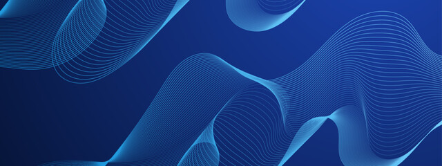 Modern abstract dark blue gradient background with shiny blue wave lines pattern. Futuristic wave stripes texture design. Minimal wavy lines vector. Vector illustration