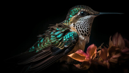 Fototapeta premium Vibrant hummingbird perching on green branch, iridescent feathers shining generated by AI