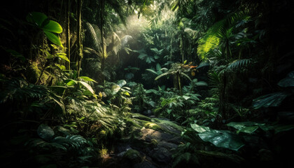 Obraz na płótnie Canvas Tropical rainforest beauty in nature green fern, tree, animal, water generated by AI