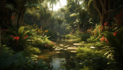 Fototapeta premium Tranquil scene of tropical rainforest with multi colored flowers and fish generated by AI