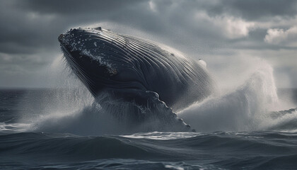 Majestic humpback breaches, spraying seascape with awe inspiring motion generated by AI