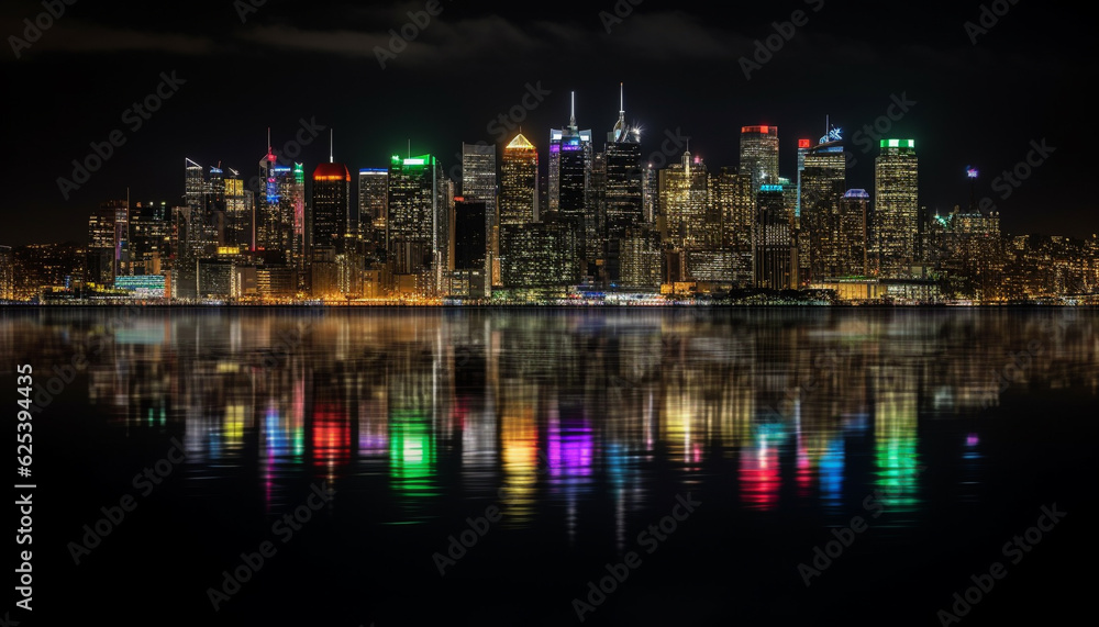 Poster Vibrant city skyline reflects in multi colored water at dusk generated by AI