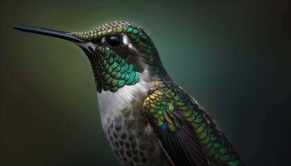 Obraz premium Vibrant hummingbird perching on branch, iridescent feathers shining in sunlight generated by AI