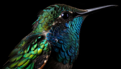 Fototapeta premium Multi colored hummingbird perching on branch, iridescent feathers shining generated by AI