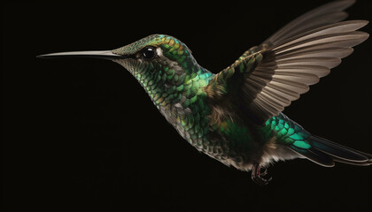 Fototapeta premium Hummingbird flying in nature with iridescent multi colored feathers hovering mid air generated by AI
