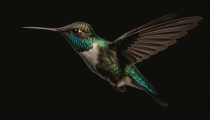 Obraz premium Rufous hummingbird hovering mid air, spread wings, iridescent feather beauty generated by AI