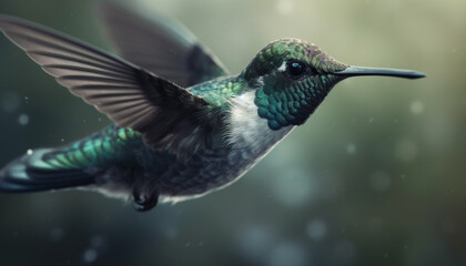 Fototapeta premium Hovering hummingbird spreads iridescent wings in mid air motion, pollinating flowers generated by AI