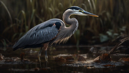 Gray heron wades in tranquil swamp, fishing for dinner generated by AI