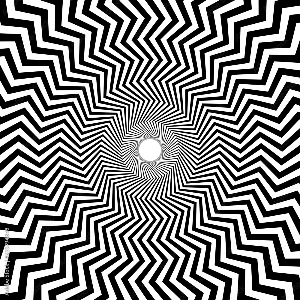 Poster Optical illusion background. Black and white abstract distorted zigzag lines surface. Radial wave poster design. Hypnotic illusion wallpaper. Vector illustration
