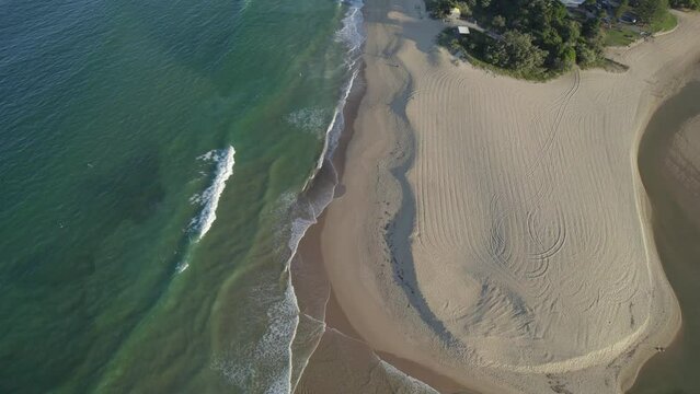 Soft Waves Splashing on the Sandy Shore, Sunshine Coast, Queensland, Australia, Aerial Shot