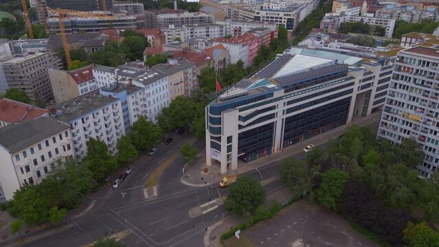 Lovely aerial top view flight 
Party Executive Committee city Berlin, Germany Summer day 2023. panorama overview drone
4K Cinematic.