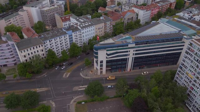 Nice aerial top view flight 
Party Executive Committee city Berlin, Germany Summer day 2023. panorama orbit drone
4K Cinematic.
