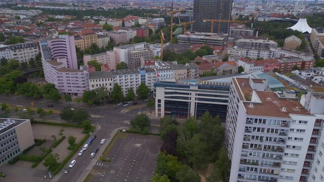 Amazing aerial top view flight 
Party Executive Committee city Berlin, Germany Summer day 2023. drone top down Above view
4K Cinematic.
