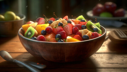 Naklejka premium Fresh fruit salad bowl, a healthy gourmet dessert variation indoors generated by AI
