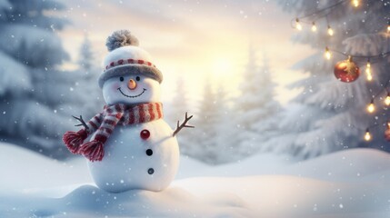 Fototapeta premium Winter Snowman Backdrop. Snowy Wallpaper Illustration. Generative AI.